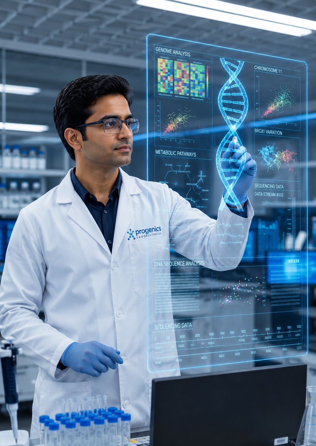 Genomics Scientist analyzing genetic sequencing data at Progenics Labs