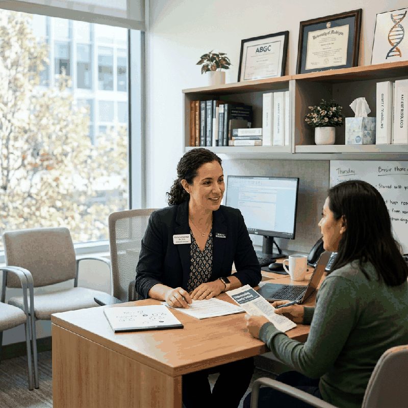 Professional genetic counselor discussing DNA testing results with patient